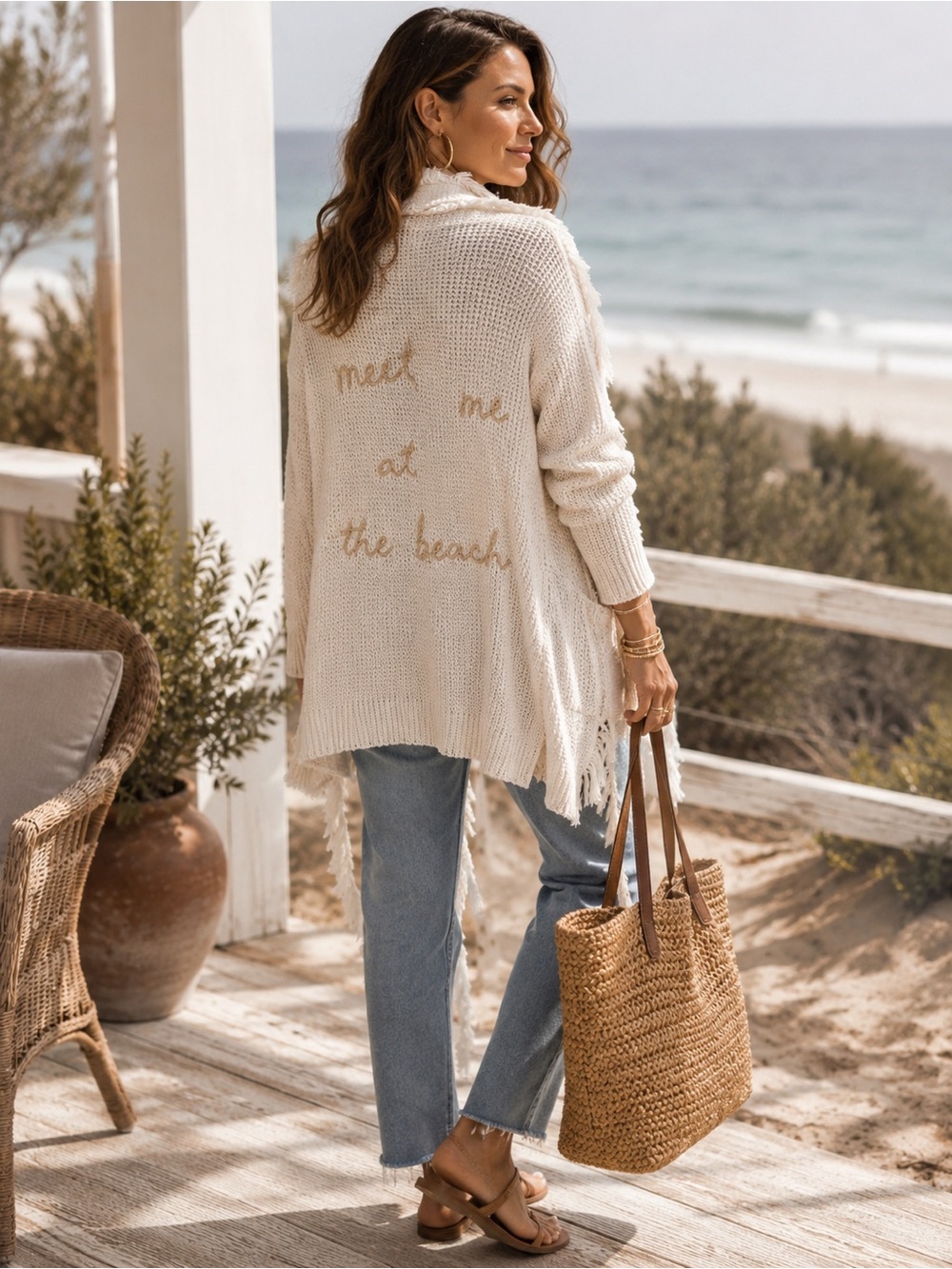 Vintage Havana Meet Me at the Beach Fringe Cardigan Sweater Large Cotton
